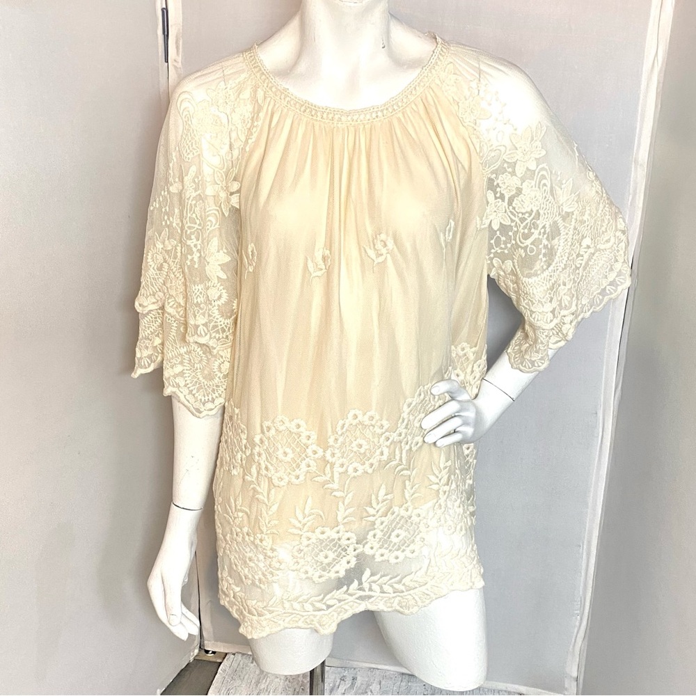 Women's Cream Lace Tunic Top with Embroidered teared Sleeves